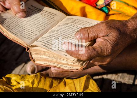 Mains d'un Sadhu en train de réciter des livres saints le matin à Sangam, la confluence des fleuves saints Gange, Yamuna et Saraswati Banque D'Images