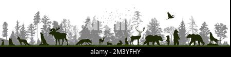 Paysage forestier avec silhouettes d'animaux. Illustration vectorielle Illustration de Vecteur