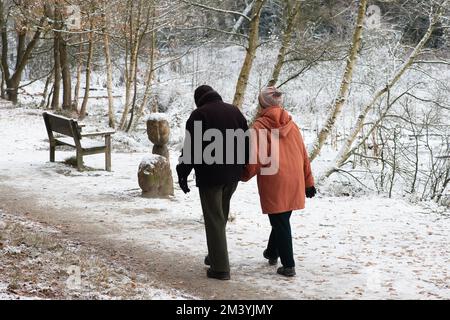 Farnham Common, Buckinghamshire, Royaume-Uni. 17th décembre 2022. Les marcheurs profitent de la dernière neige sur une autre journée très glacielle dans les magnifiques bois de Burnham Beeches dans Buckinghamshire. Un avertissement météo jaune en place ce soir pour la glace. Les températures sont, cependant, dues à la hausse substantielle demain suivi de fortes pluies. Crédit : Maureen McLean/Alay Live News Banque D'Images