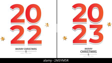 2022, 2023 bonne année design de texte. Joyeux Noël et Bonne Année. 2023, 2022 texte rouge avec étoiles sur fond blanc. Illustration de Vecteur