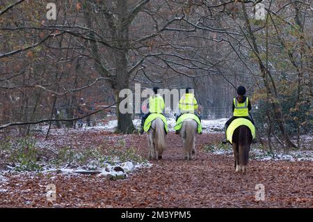 Farnham Common, Buckinghamshire, Royaume-Uni. 17th décembre 2022. Les cavaliers dehors appréciant la dernière de la neige sur une autre journée très glacial dans les belles terres boisées de Burnham Beeches dans Buckinghamshire. Un avertissement météo jaune en place ce soir pour la glace. Les températures sont, cependant, dues à la hausse substantielle demain suivi de fortes pluies. Crédit : Maureen McLean/Alay Live News Banque D'Images