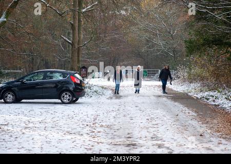 Farnham Common, Buckinghamshire, Royaume-Uni. 17th décembre 2022. Les marcheurs profitent de la dernière neige sur une autre journée très glacielle dans les magnifiques bois de Burnham Beeches dans Buckinghamshire. Un avertissement météo jaune en place ce soir pour la glace. Les températures sont, cependant, dues à la hausse substantielle demain suivi de fortes pluies. Crédit : Maureen McLean/Alay Live News Banque D'Images