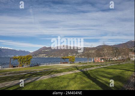 Le beau Parco a Lago à Luino avec les montagnes enneigées en arrière-plan Banque D'Images