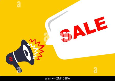 Affiche haut-parleur avec bulle blanche disant solde. illustration vectorielle plate. Illustration de Vecteur