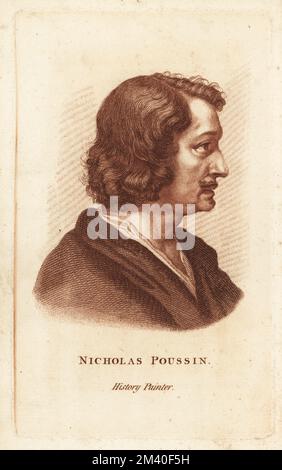 Nicolas Poussin, peintre d'histoire et de paysage français de style baroque français classique, 1594-1665. Une gravure en lamelle de copperplate est réalisée après un portrait de profil de Louis Ferdinand elle l’aîné de Francis Fitzgerald, The Artist’s Repository and Drawing Magazine, Charles Taylor, Londres, 1785. Banque D'Images