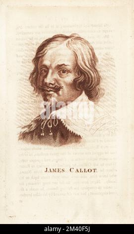 James Callot ou Jacques Callot, graveur et dessinateur baroque, c.1592-1635. Une gravure en lamelle après un portrait de Sir Anthony van Dyck de Francis Fitzgerald, The Artist’s Repository and Drawing Magazine, Charles Taylor, Londres, 1785. Banque D'Images