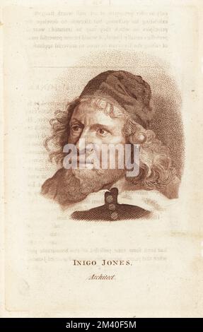 Inigo Jones, architecte anglais, premier à utiliser les règles de proportion et de symétrie de Vitruvian, 1573-1652. Une gravure en lamelle après un portrait de Sir Anthony van Dyck de Francis Fitzgerald, The Artist’s Repository and Drawing Magazine, Charles Taylor, Londres, 1785. Banque D'Images