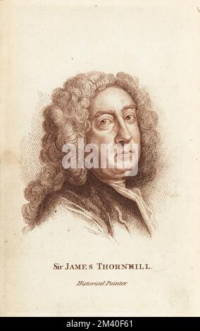 Sir James Thornhill, peintre historique anglais de style baroque italien, vers 1675-1734. En perruque, pelage et cravatte en poudre. Une gravure en pointillé après un portrait de Joseph Highmore, de Francis Fitzgerald, The Artist’s Repository and Drawing Magazine, Charles Taylor, Londres, 1785. Banque D'Images