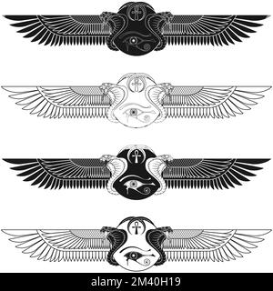 Dessin vectoriel du Soleil ailé avec cobras, symbole de l'Égypte ancienne, Soleil ailé, oeil d'horus, croix ankh Illustration de Vecteur