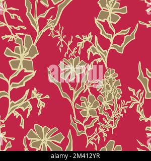 Fleurs sauvages abstraites avec motif sans couture. Fleurs graphiques dessinées à la main sur fond magenta. Illustration de Vecteur