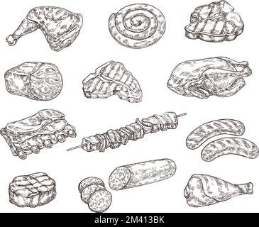 Dessinez des aliments à base de viande. Steak grillé, saucisses et kebab. Barbecue au bœuf, côtes de porc et poulet grillé ensemble de vecteurs de gravure dessinés à la main Illustration de Vecteur