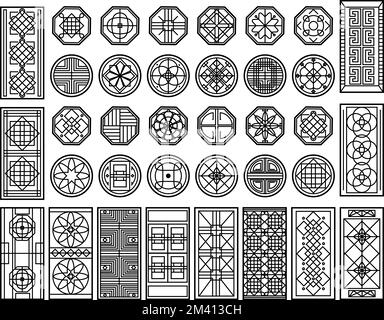 Motif de fenêtre coréen traditionnel. Décoration circulaire, décoration rectangulaire à motif géométrique et ensemble vectoriel d'éléments de conception graphique asiatique Illustration de Vecteur
