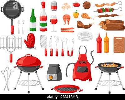 Éléments pour barbecue. Outils de cuisson au barbecue pour la fête d'été, rôtis sur feu viande nourriture dessin animé ensemble vectoriel Illustration de Vecteur