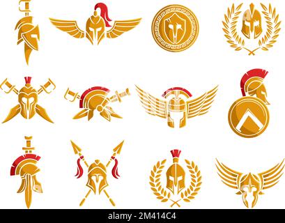 Emblème de casque Spartan. Armure de guerrier avec ailes et arme, tatouage gladiateur et vecteur de bouclier rond ensemble d'illustrations Illustration de Vecteur
