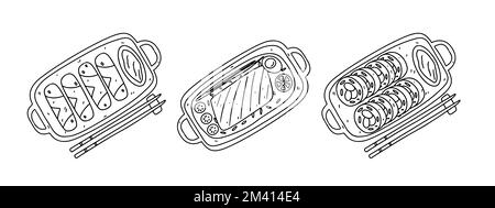 Ensemble de cuisine asiatique traditionnelle sur des plaques de céramique avec des baguettes dans le style de l'oodle dessiné à la main. Vue de dessus. Illustration vectorielle. Illustration de Vecteur