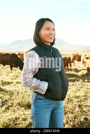 Vache, fermier et femme asiatique sur gazon dans la nature pour l'industrie alimentaire de viande, de boeuf ou de bétail. Heureux, sourire et succès agricole pour les vaches, le bétail et Banque D'Images