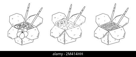 Ensemble de cuisine asiatique traditionnelle dans boîte en papier de style Doodle dessiné à la main. Illustration vectorielle. Illustration de Vecteur