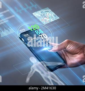 Application mobile de fitness, smartphone et main avec analyse des données graphiques, mesures d'entraînement ou moniteur de santé corporelle sur écran d'innovation. Main tenant Banque D'Images