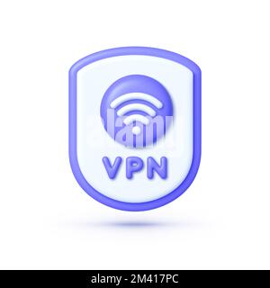 Icône VPN de style 3D. Shield VPN et verrouillage avec l'icône vpn. Coffre-fort pour wifi et serveur. Symboles de signal Internet Wi-Fi dans le bouclier de sécurité isolé sur whi Banque D'Images