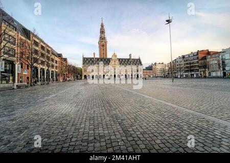 Louvain, Brabant, Belgique 11 08 2022 vue panoramique sur la célèbre bibliothèque Univiersity sur le marché de la place Ladeuze à Louvain, flandres, Belgique Banque D'Images