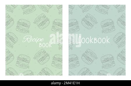 Modèles de page de garde pour les livres de recettes basés sur des motifs sans couture avec hamburgers dessinés à la main. Disposition de la couverture du livre de cuisine. Illustration vectorielle Illustration de Vecteur