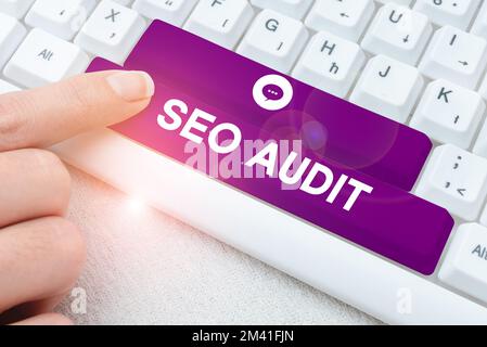 Légende de la présentation de l'audit Seo. Word pour le processus de validation et de vérification de l'optimisation du moteur de recherche Banque D'Images