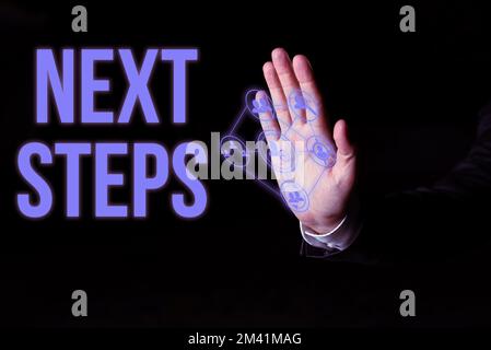 Affichage conceptuel étapes suivantes. Nombre d'idées commerciales du processus à réaliser après la planification actuelle Banque D'Images