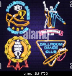 Ensemble de la salle de bal danse club de sport lumineux Neon Sign. Emblème néon de sport de danse avec coupe trophée, brosse à chaussures, silhouette d'homme et de femme. Vecteur. Rumba, salsa Illustration de Vecteur