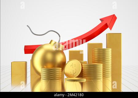 Flèche indiquant la croissance. Pile de pièces d'or, carte bancaire. Concept financier de la croissance de tout. 3d rendu.. Banque D'Images