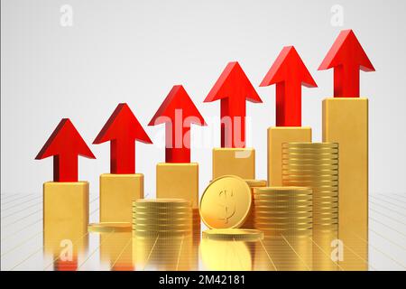 Pile de pièces d'or, carte bancaire. Concept financier de la croissance de tout. Flèche indiquant la croissance. 3d rendu.. Banque D'Images