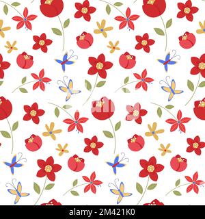 Motif sans couture de fleurs rouges et de papillons sur fond blanc. Texture amusante et fraîche pour une couverture estivale. Illustration vectorielle plate Illustration de Vecteur