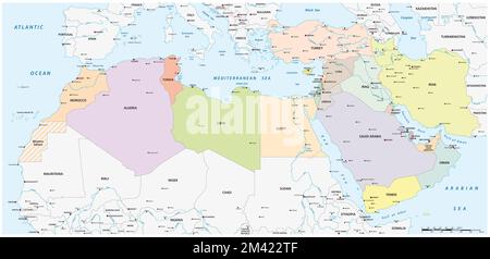 Carte de la région de Mena, Moyen-Orient et Afrique du Nord Banque D'Images