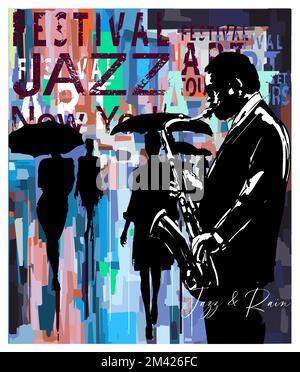 Homme avec un saxophone se tient sous la pluie dans une rue de New York - illustration vectorielle (idéal pour l'impression, l'affiche ou le papier peint, la décoration de maison) Illustration de Vecteur