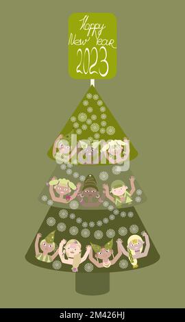 Carte du nouvel an avec des filles de différentes nationalités avec coiffures à la mode sur l'arbre de Noël Illustration de Vecteur