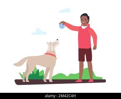 Garçon jouant au ballon avec chien dans la nature. Un homme heureux qui marche à l'extérieur. Animal domestique ludique. Le propriétaire lance un jouet pour son chiot. Exercice d'entraînement canin Illustration de Vecteur