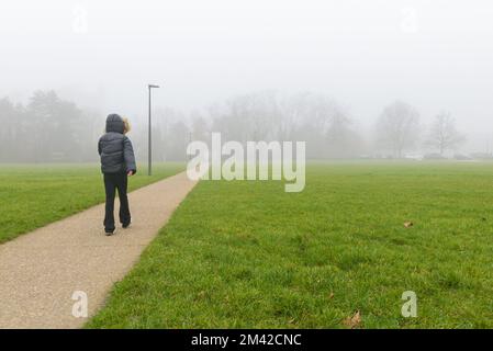 Brouillard dans le parc. Une adolescente marche le long d'un chemin dans un parc brumeux. copier l'espace Banque D'Images