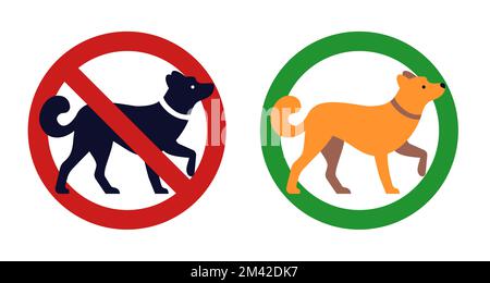 Panneau interdiction chien. Icône représentant un cercle interdit pour les animaux de compagnie. Zone interdite aux animaux. Règlements de la loi sur la marche des chiots. Pictogrammes ronds autorisés ou interdits Illustration de Vecteur