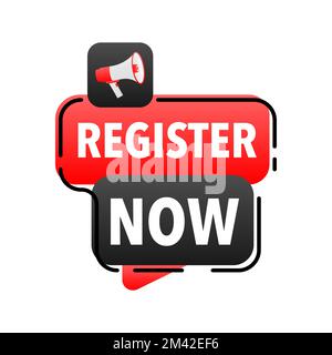 Enregistrer maintenant annonce libellé mégaphone. Bulle de parole du haut-parleur. Illustration de Vecteur
