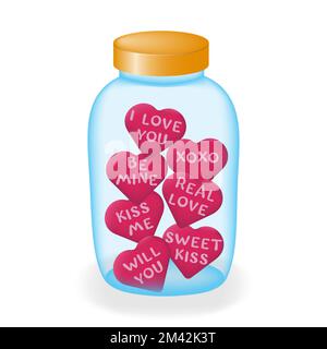 Pot en verre avec coeurs. Un pot de bonbons en verre de dessin animé en forme de coeur rose avec de mignons messages d'amour. Le concept de l'amour et de la Saint-Valentin Illustration de Vecteur