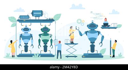 Automatisation de l'assemblage de robot illustration du vecteur de processus. Les petits ingénieurs de dessin animé travaillent avec des machines et des équipements futuristes, contrôlent la qualité du système automatisé intelligent de production de robot en usine Illustration de Vecteur