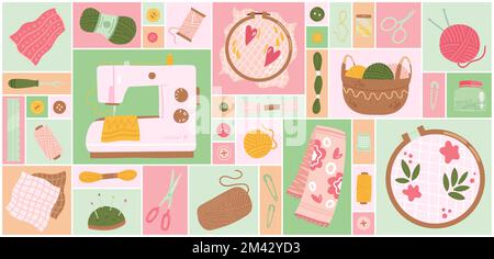 Couture de dessins animés, outils et équipement de broderie, panier avec bobines, bouton et bobine de fil de laine pour tricoter dans le fond géométrique de collage. Travaux d'aiguille, art jeu de passe-temps illustration vectorielle. Illustration de Vecteur