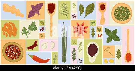 Dessins animés plantes sèches et fraîches, vue de dessus d'une cuillère ou d'un bol en bois avec de la poudre, graines entières sur fond géométrique de collage. Illustration vectorielle de l'ensemble d'herbes, d'épices, de condiments et d'ingrédients alimentaires. Illustration de Vecteur