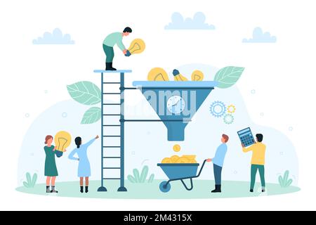 Illustration du vecteur d'optimisation, de créativité et de monétisation des idées commerciales. Caricature les gens minuscules font de l'argent à partir d'idées créatives, jeter des ampoules lumineuses dans l'entonnoir pour changer les lampes pour des pièces d'or Illustration de Vecteur