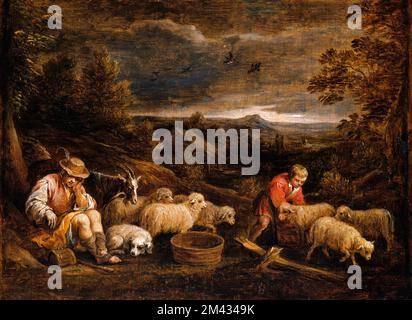 Bergers et moutons par David Teniers le plus jeune (1610-1690), huile sur bois Banque D'Images