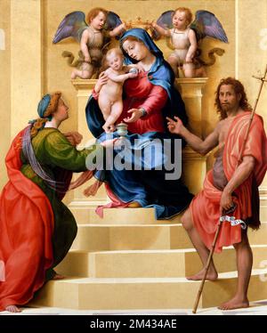 Madonna et l'enfant ont affronté les saints Mary Magdalen et Jean-Baptiste par le peintre italien de la Renaissance, Giuliano Bugiardini (1475-1555), huile sur bois, vers 1523 Banque D'Images