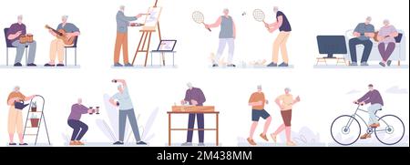 Activités pour les aînés à la maison et à l'extérieur. Le cyclisme de vieux hommes, le passe-temps de retraite et l'art créatif Grands-parents passe-temps modernes, vecteur de kick d'entraînement Illustration de Vecteur