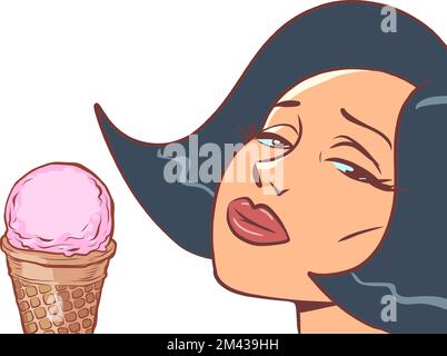 Femme avec un cône de glace. Délicatesse douce, humeur triste Illustration de Vecteur