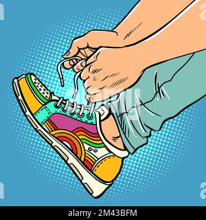 Un adolescent met sur des baskets, gros plan, des chaussures de sport brillant pour jeunes urbains Illustration de Vecteur