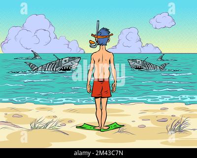 un touriste sur la mer. Des requins mécaniques dangereux nagent dans l'océan Illustration de Vecteur