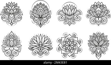 Motif tatouage Lotus. Tatouages de fleurs lotos bohémien créatifs, décoration moderne de mandala zen. Modèles de dessin au henné, motif floral vectoriel bien rangé Illustration de Vecteur